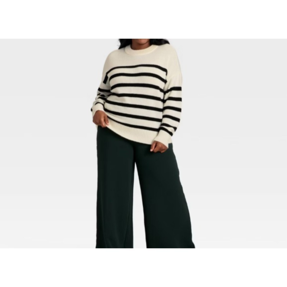 A New Day Size 3X Ivory Black Stripe Soft Viscose Crew Neck Sweater